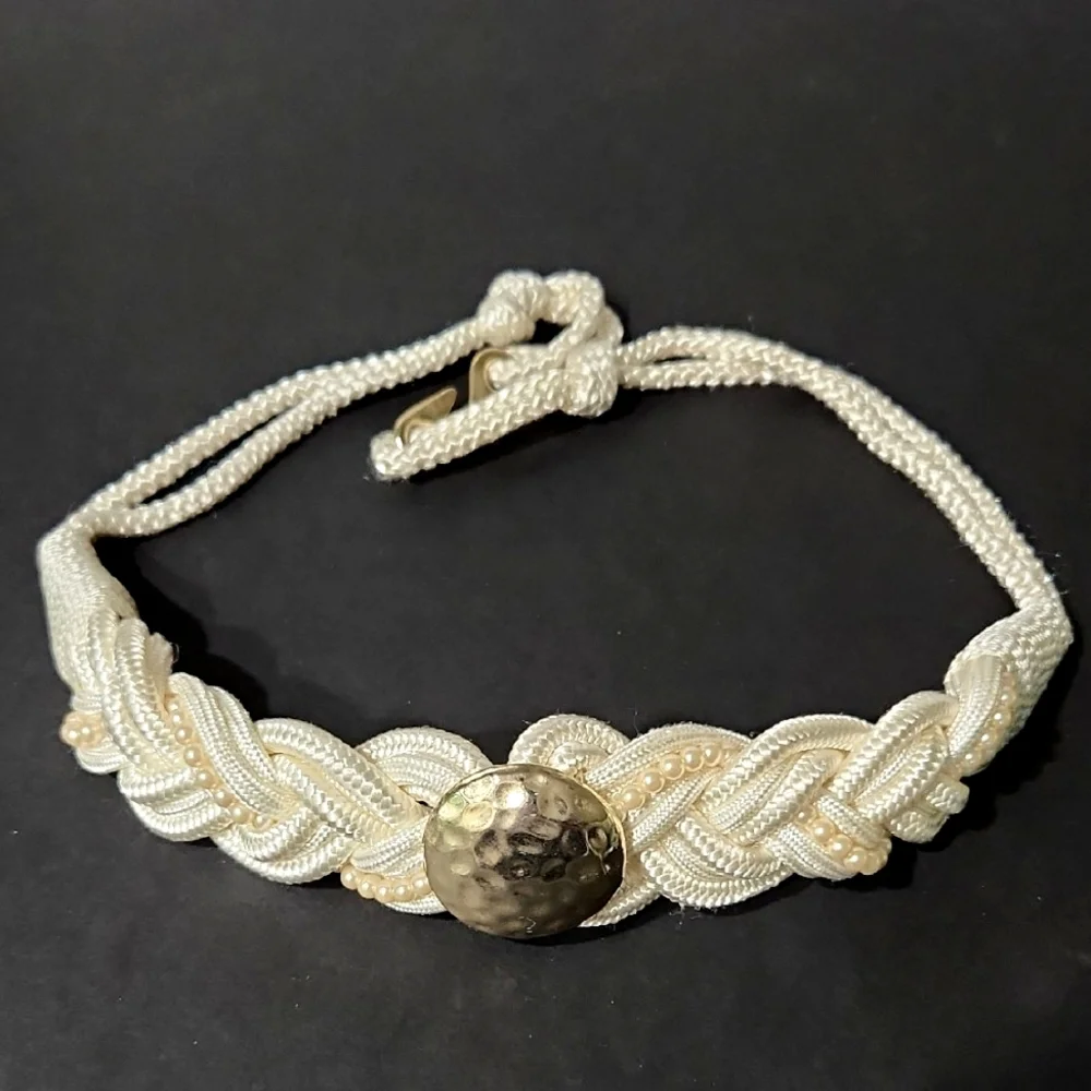 Vintage Elegant Ivory Hammered Gold Satin Braided Belt With Pearl Detail Large